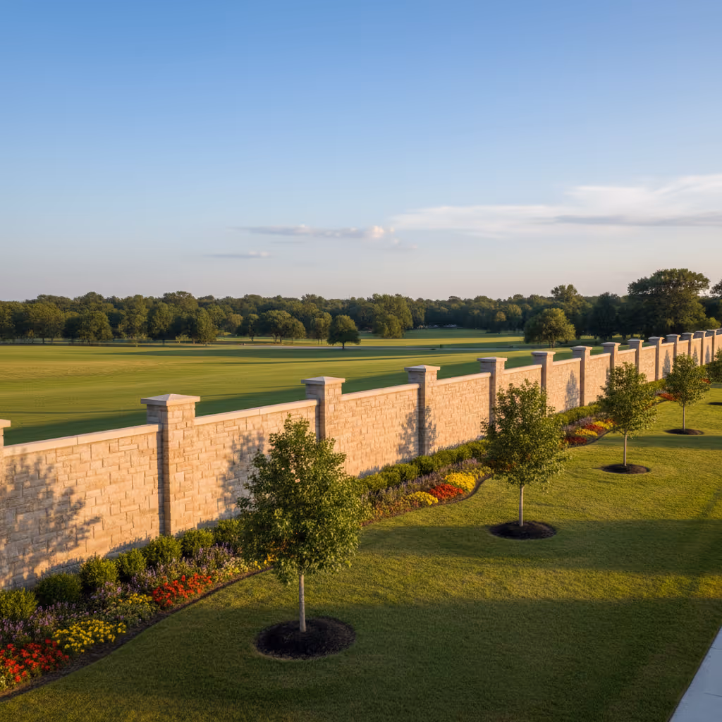 An aerial view of a long tan block wall with pilasters, separating a beautifully landscaped area with young trees and flower beds from a vast, open green field or golf course under a clear blue sky.