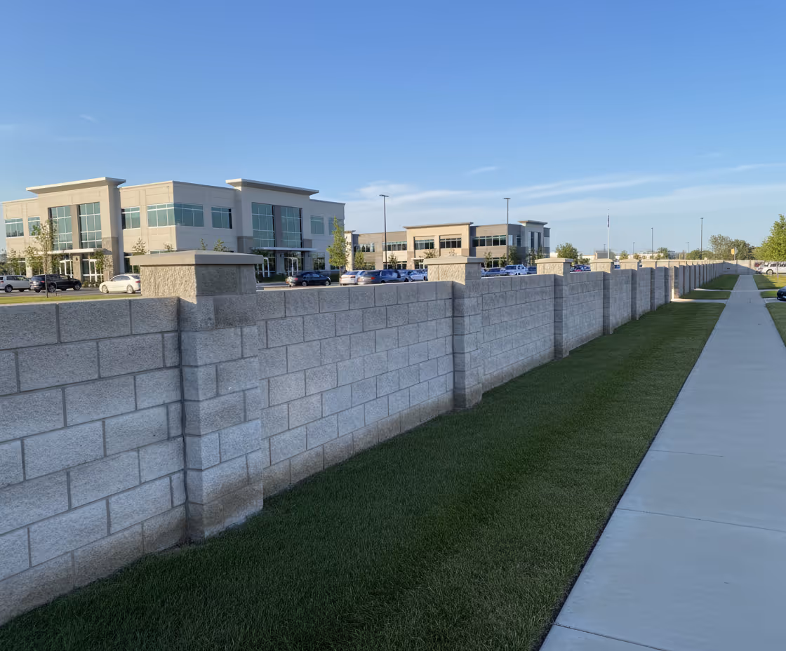 A low grey block wall with a stone-like texture and capped pilasters runs next to a concrete sidewalk and thin lawn strip. The wall borders a commercial area with modern office buildings and a parking lot visible in the background.