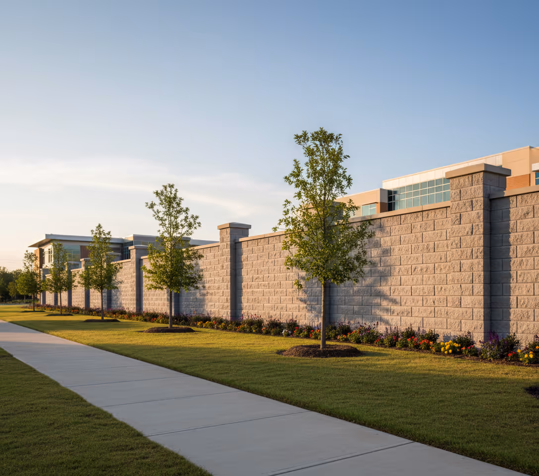 A tall grey block wall with a stone-like texture and pilasters runs alongside a sidewalk and a landscaped lawn. Young trees and flower beds line the wall, which separates the area from a large, modern commercial building visible in the background.