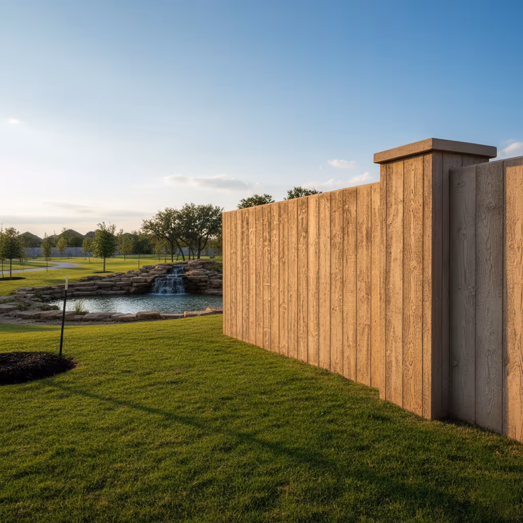 A light brown precast concrete fence with a wood texture stands on a grassy area, overlooking a landscape park. In the background, a pond with a decorative rock waterfall is visible under a bright blue sky.