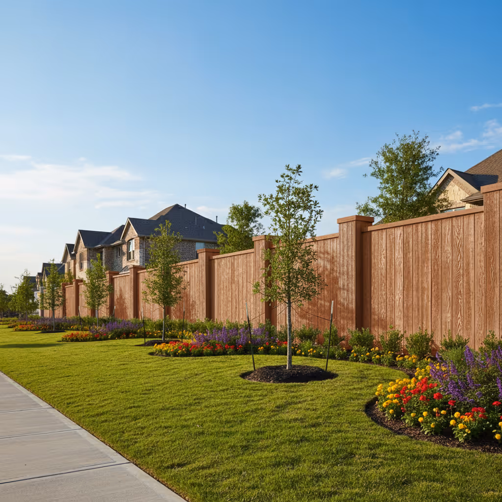 A long, brown-stained precast concrete fence with a wood texture runs along a sidewalk and lawn. Young trees and elaborate flower beds with diverse colors line the fence, with residential houses visible above the fence line.