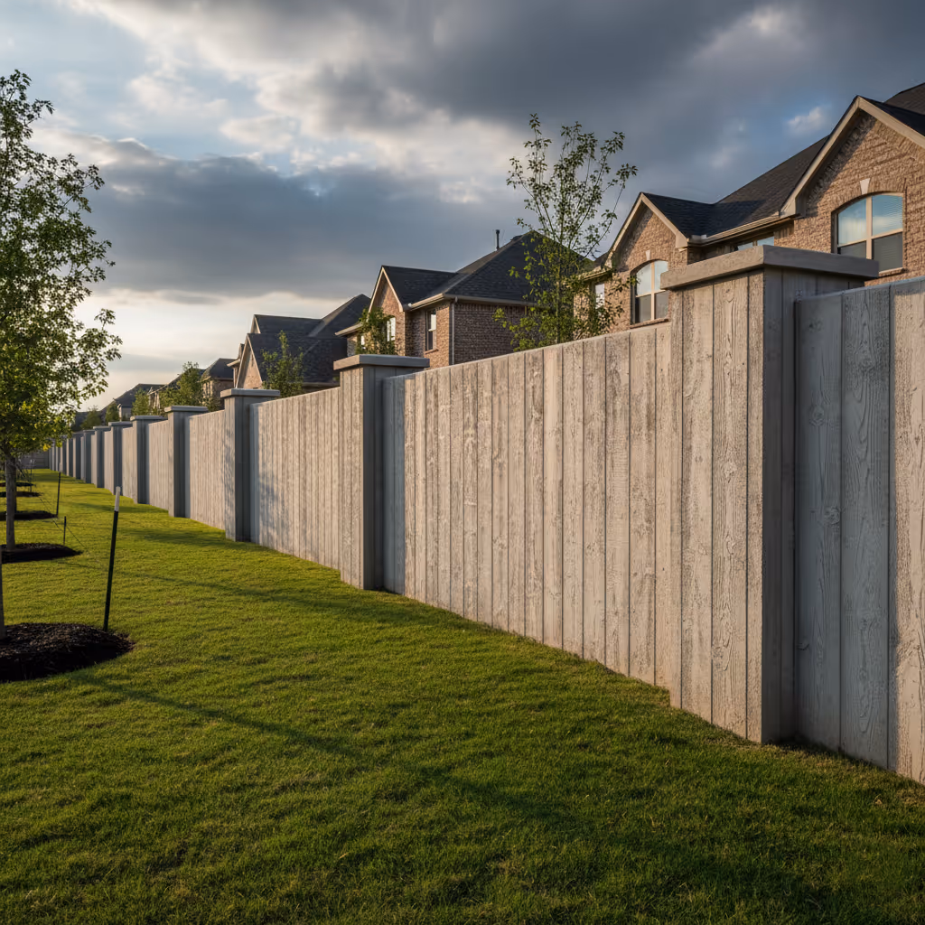 A long, high grey precast fence with a vertical wood grain texture runs along a green lawn. The fence provides privacy for a row of brick suburban houses whose upper stories and dark roofs are visible above its cap.