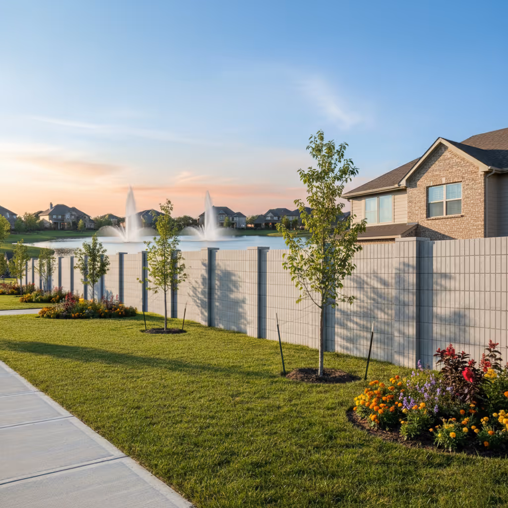 A light-grey block wall separates a lawn and sidewalk from a residential area. Beyond, a pond with two water fountains and suburban houses are visible against a sunset sky. Young trees and flower beds line the sidewalk.
