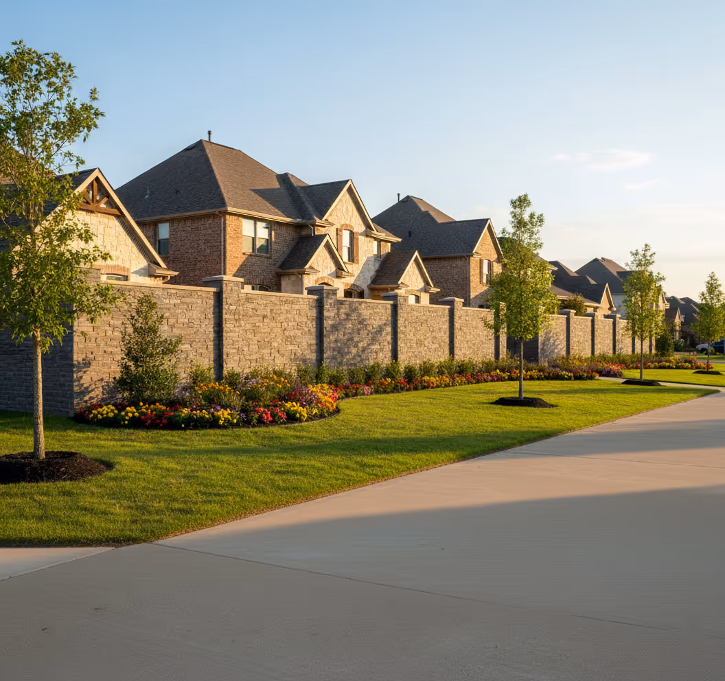 A long dark grey stone-textured wall with pilasters runs alongside a concrete road and a lawn. The wall separates the road from a row of large, modern suburban houses visible above it.