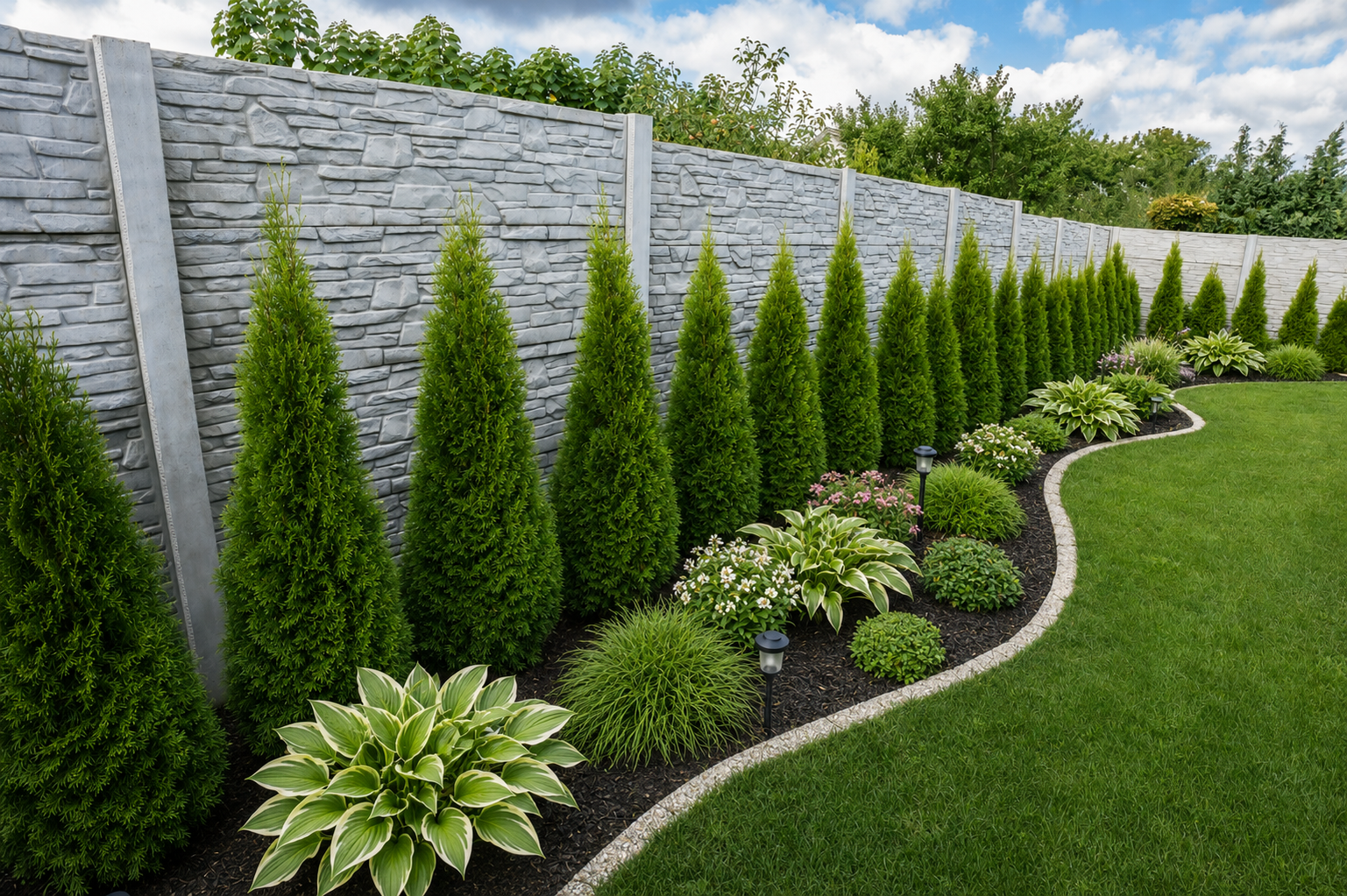 Residential yard with a gray stacked stone textured precast concrete wall and manicured landscaping.