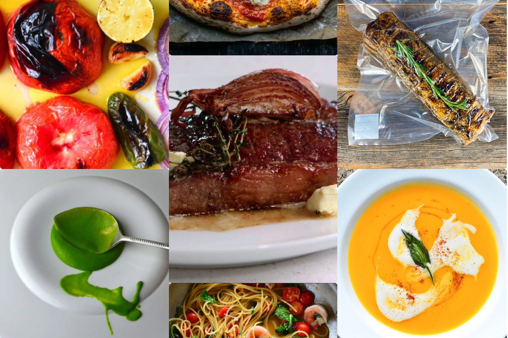 Collage of gourmet dishes including roasted vegetables, grilled pork loin, green sauce on a spoon, creamy orange soup with garnish, spaghetti with shrimp and tomatoes, and a charred pizza edge.