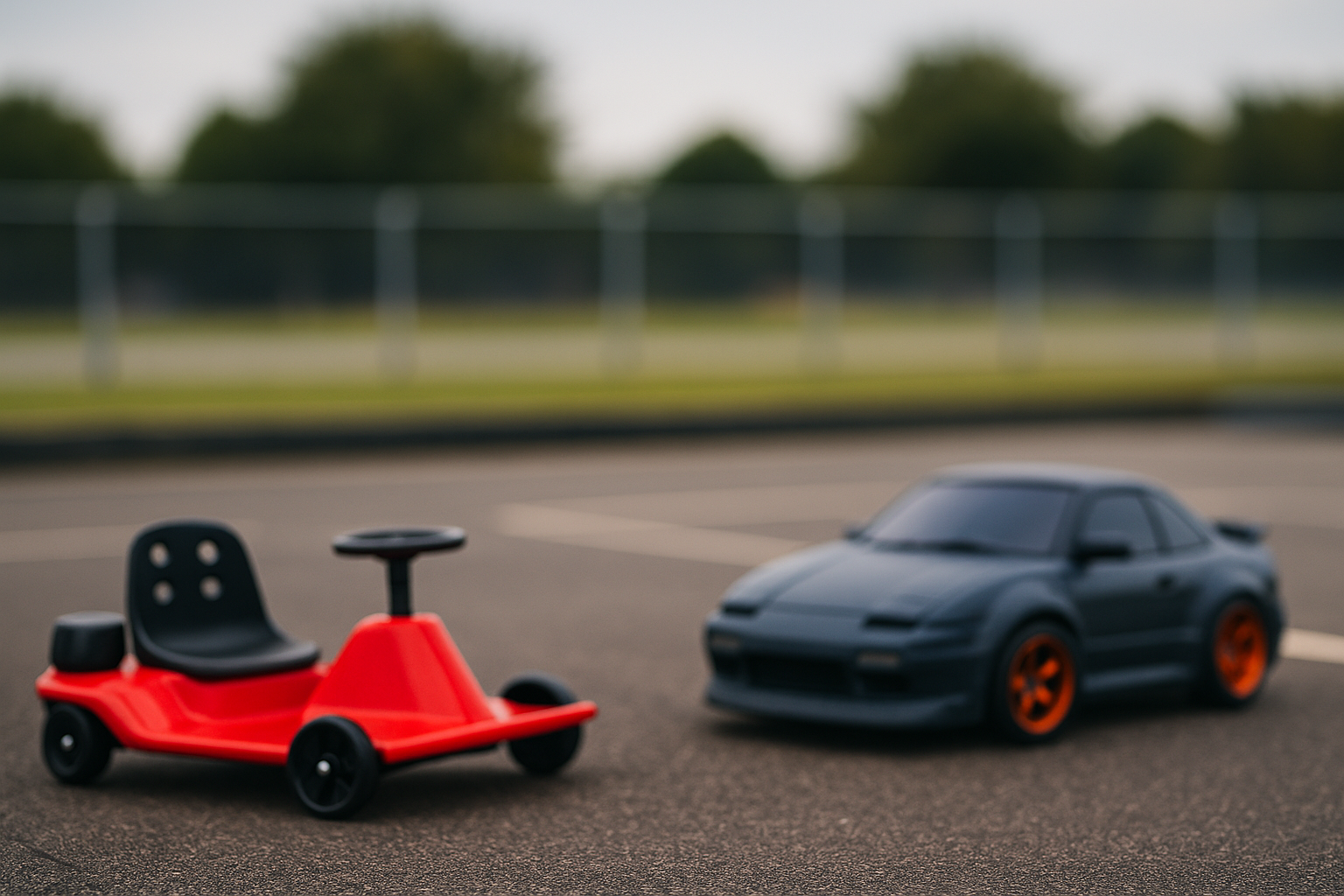 A motion-blurred chibi-style red DriftKart D1 slides across a flat lot with exaggerated steering angle, showcasing realistic control and electric-powered drifting.