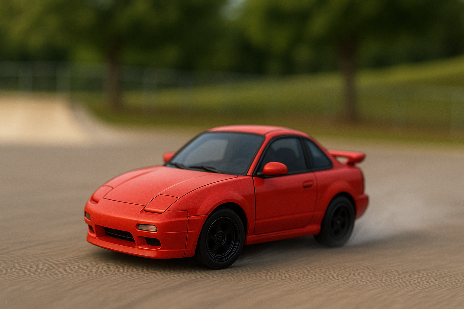 A chibi-style DriftKart D1 drifting through a skatepark bowl while another version slides across grass in the background, showing versatility across surfaces.