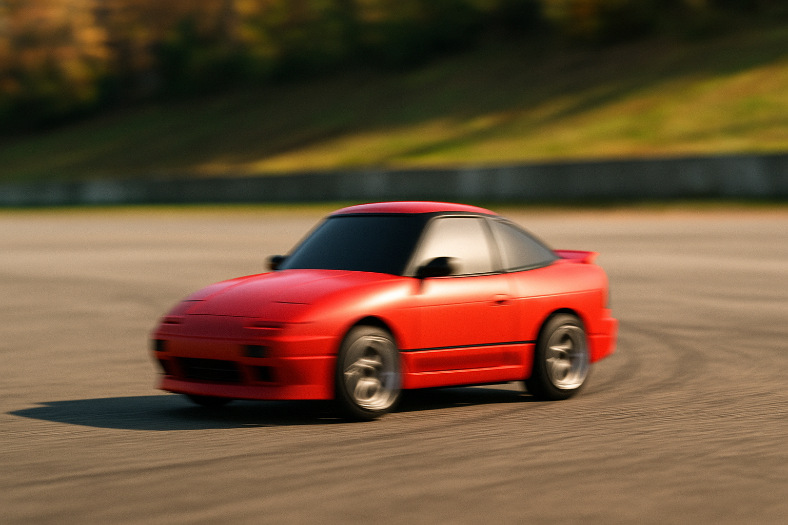 A red chibi DriftKart D1 slides through a tight cone course on smooth pavement, showing controlled drift without tire smoke or wear.