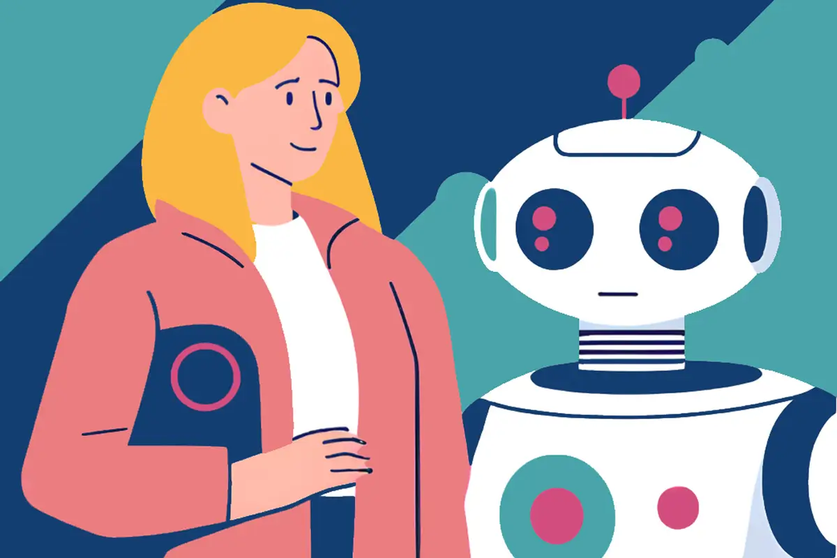 Auf der Illustration ist eine Frau mit ihrem Roboter zu sehen.