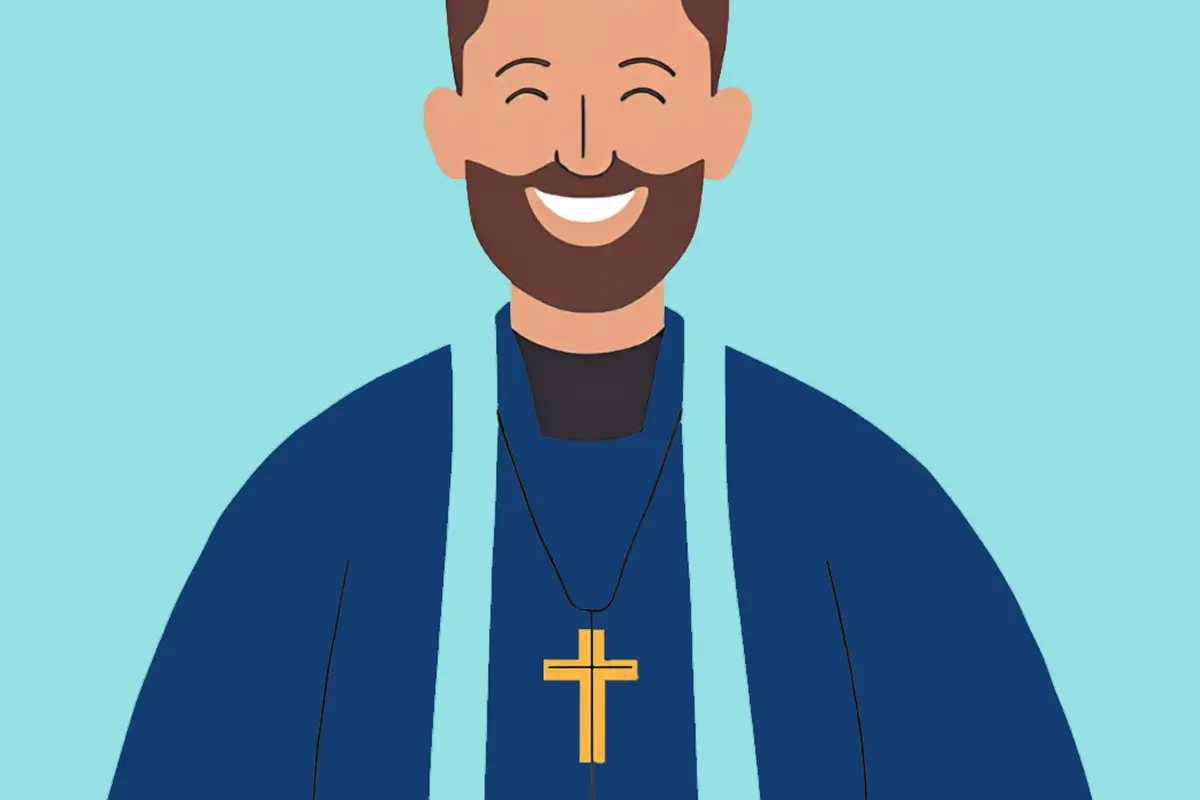Die Illustration zeigt einen lächelnden Mann mit einer Kreuzkette.