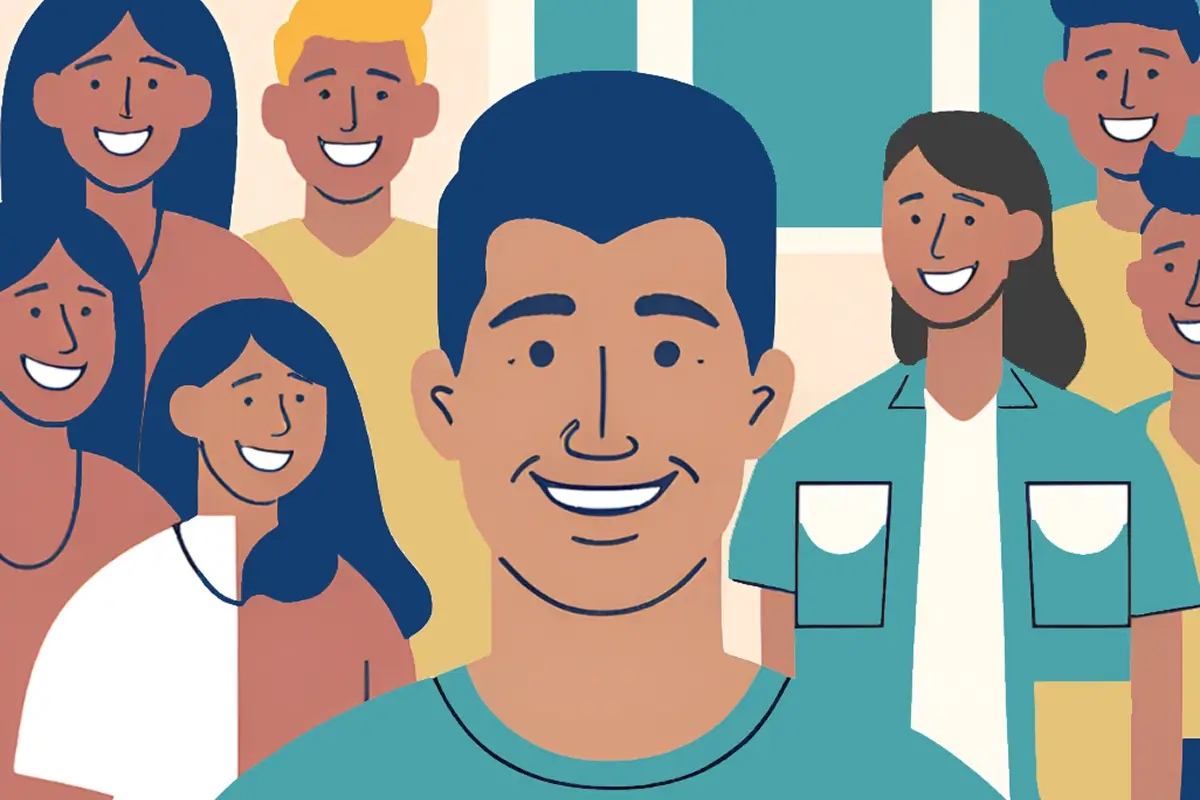 Die Illustration zeigt einen jungen lächelnden Mann. Im Hintergrund stehen weitere lächelnde Personen.