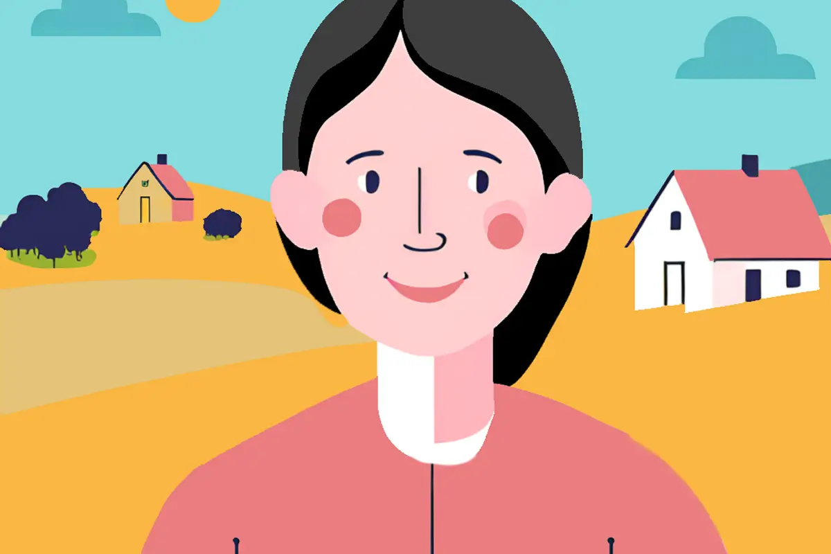 Die Illustration zeigt eine junge lächelnde Frau, die auf einem Feld mit Häusern steht.