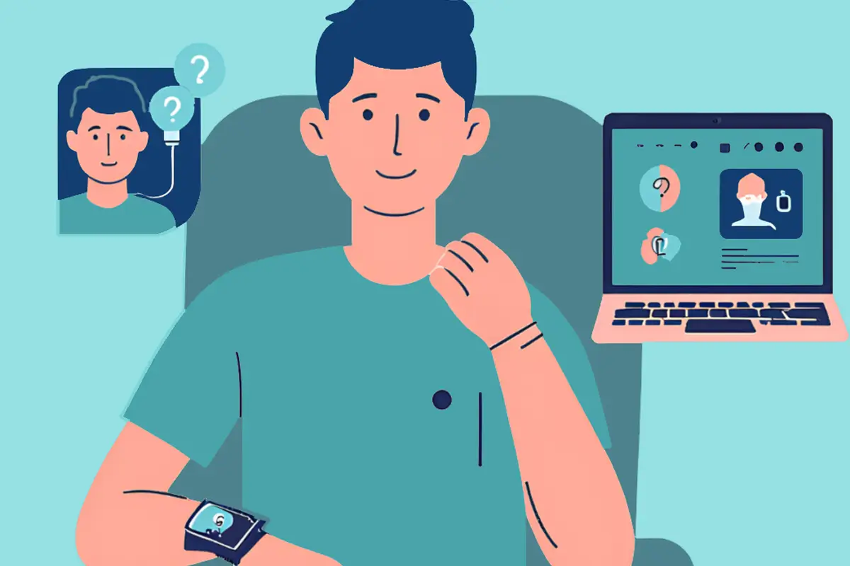Auf der Illustration ist ein Mann zu sehen, der auf einem Stuhl sitzt und mit technischen Geräten ausgestattet ist.
