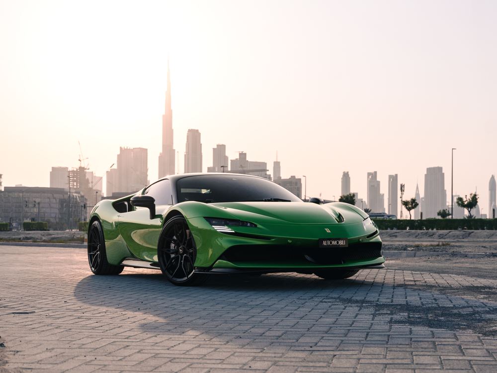 Ferrari SF90 in front of the Dubai skyline