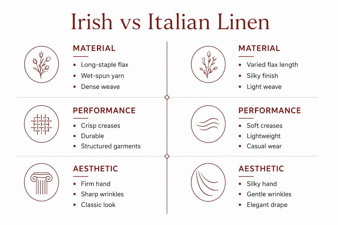 Infographic comparing Irish and Italian linen key features