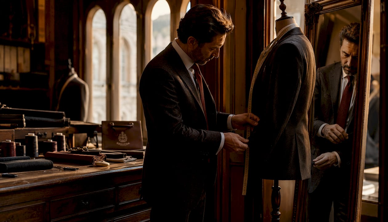 Man adjusting tailored merino wool suit jacket