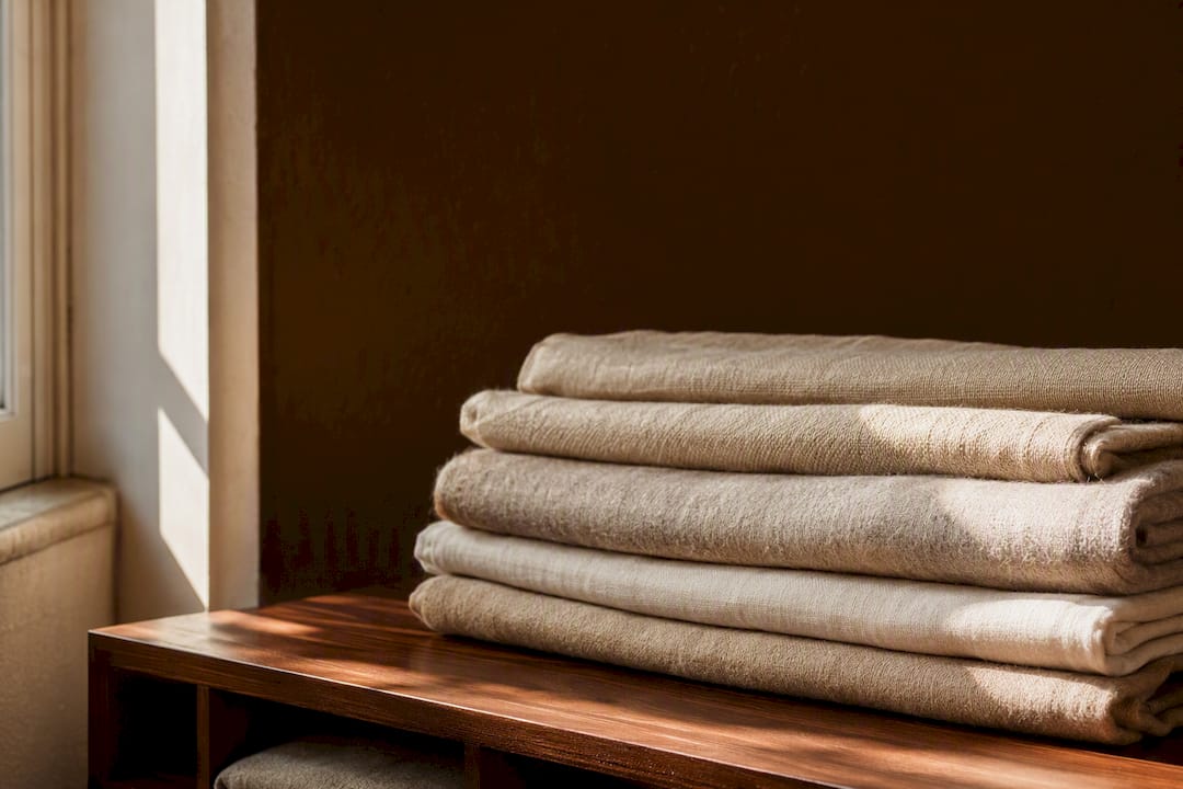 Folded natural fabrics in sustainable atelier corner