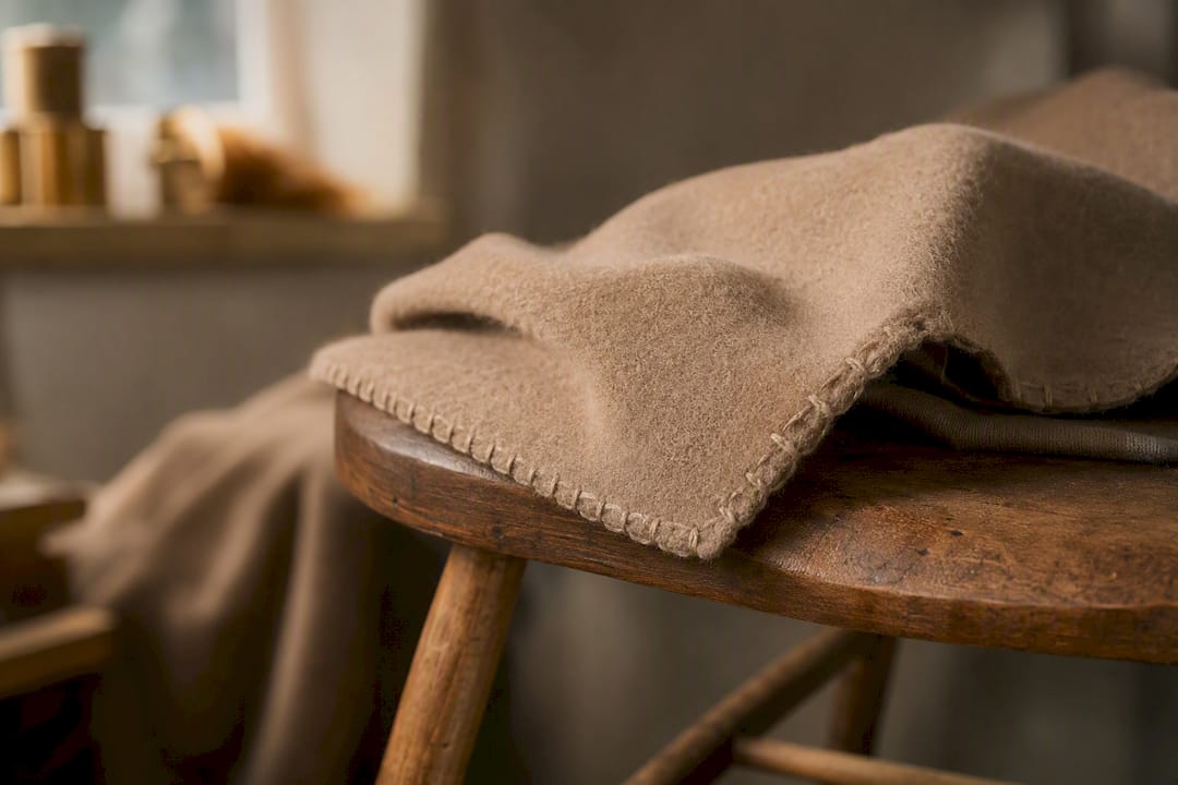 Close-up of hand-stitched wool fabric seam