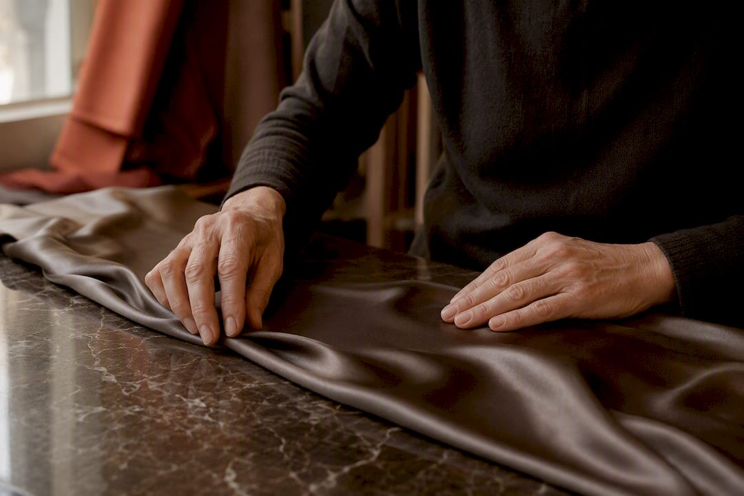 Hands smoothing silk charmeuse lining fabric