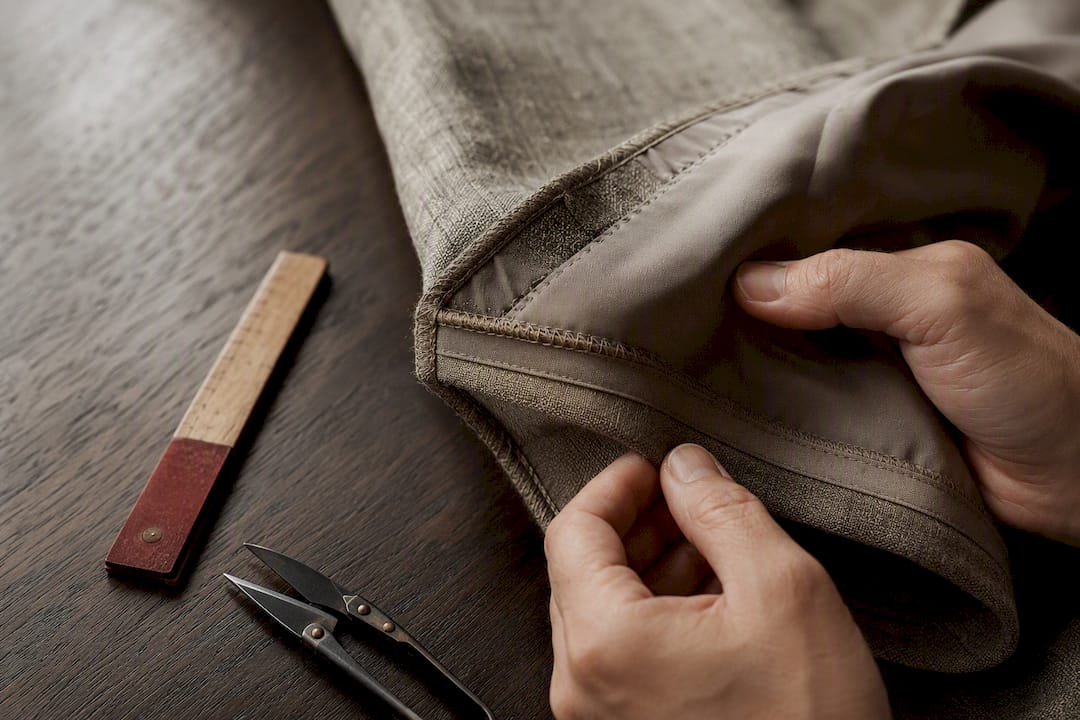 Hands inspecting an inside tailored seam