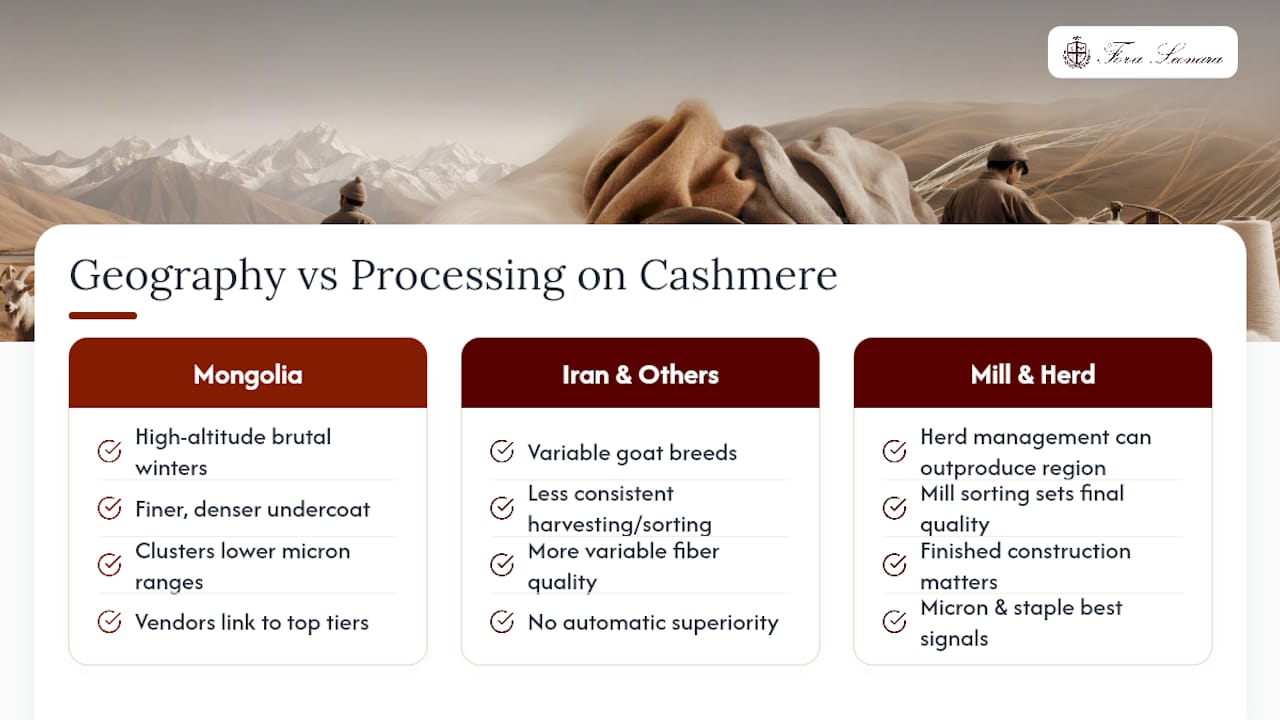 How Geography Shapes Cashmere Grade and Quality — overview diagram