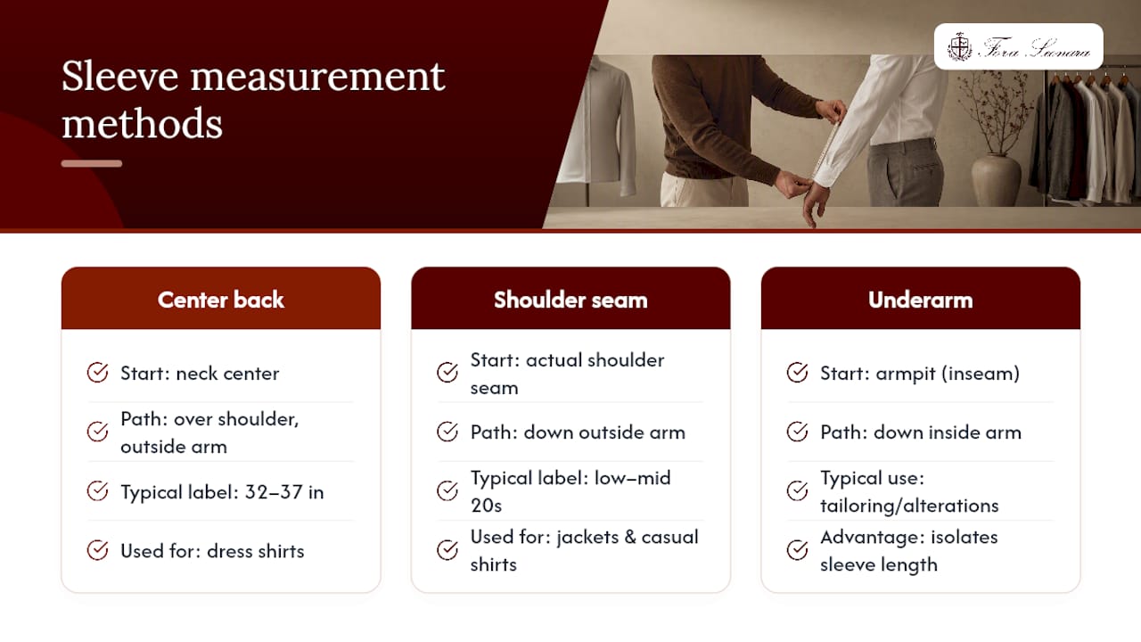 Three dress shirt sleeve measurement methods