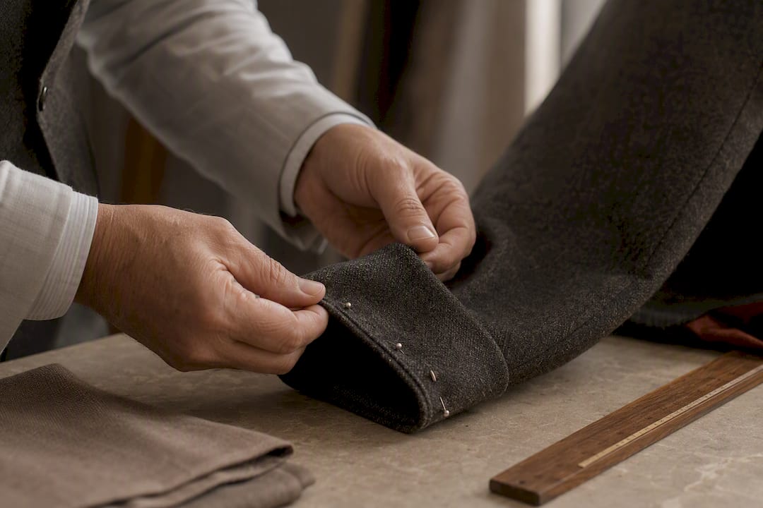 Tailor pinning a jacket sleeve hem