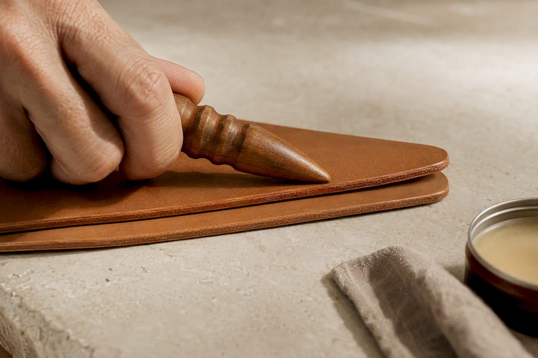 Hand burnishing a smooth leather edge