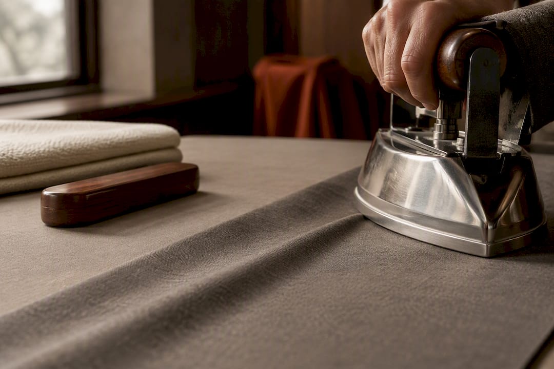 Iron creating a crisp crease in wool cloth