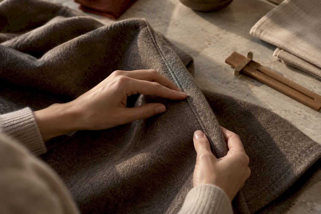 Hands examining garment seam and weave