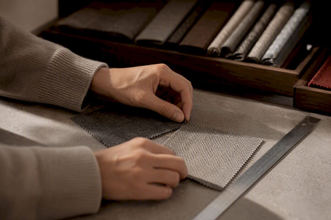Hands comparing wool fabric swatches and measurements