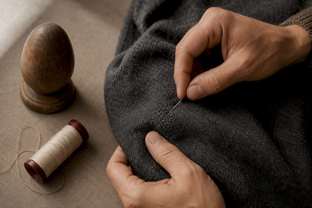 Hands repairing a charcoal wool textile