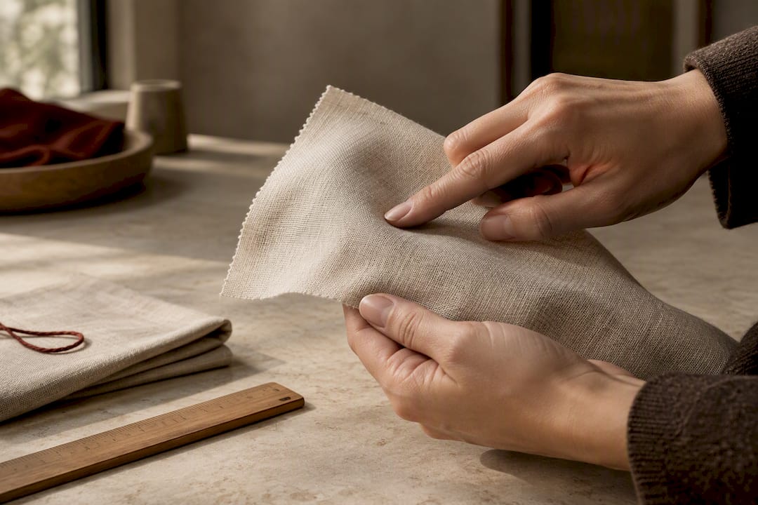Hands testing linen swatch translucency and feel