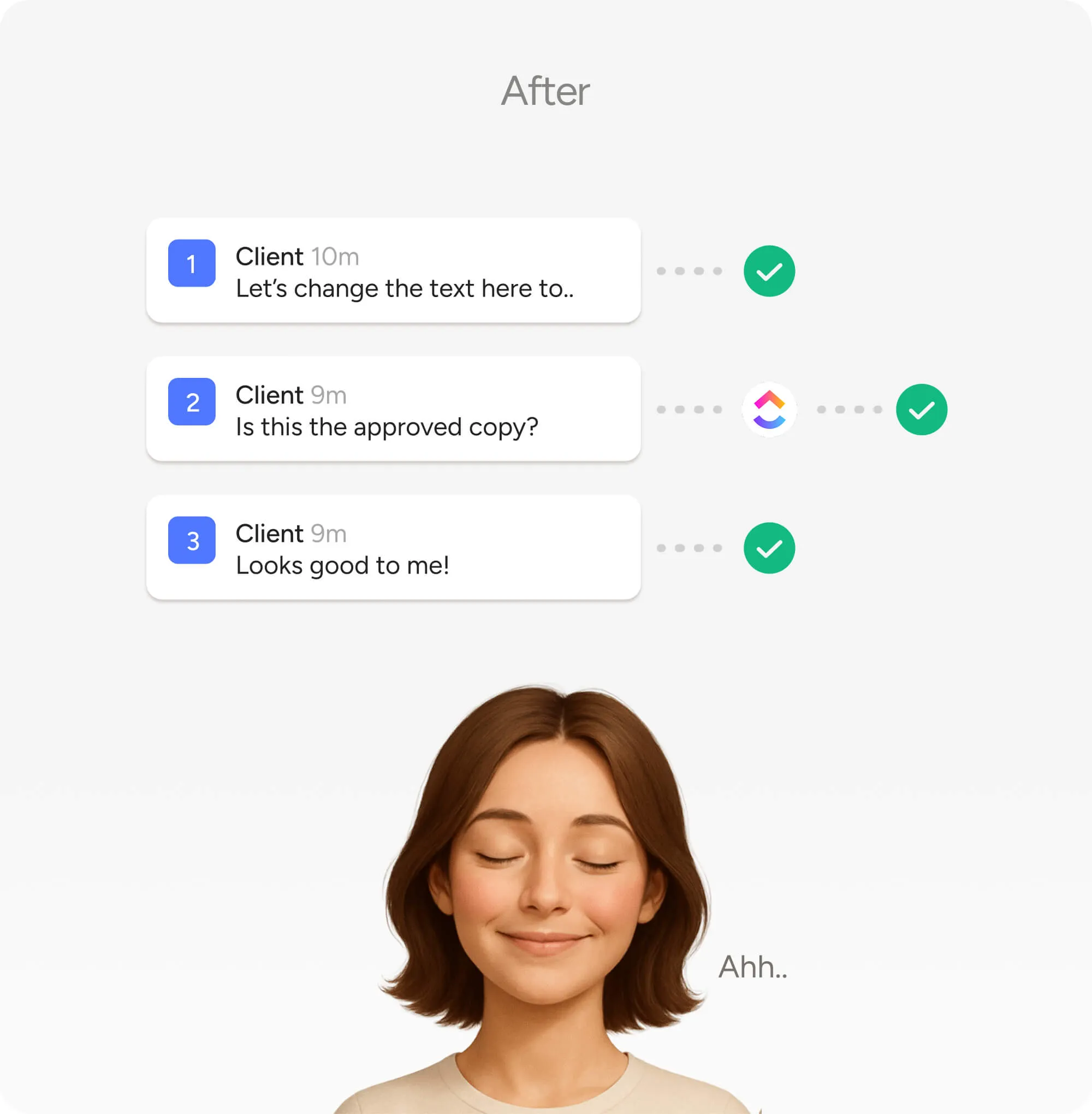A relaxed face memoji of a woman, with Pastel comments above it, being synced to a project management tool.