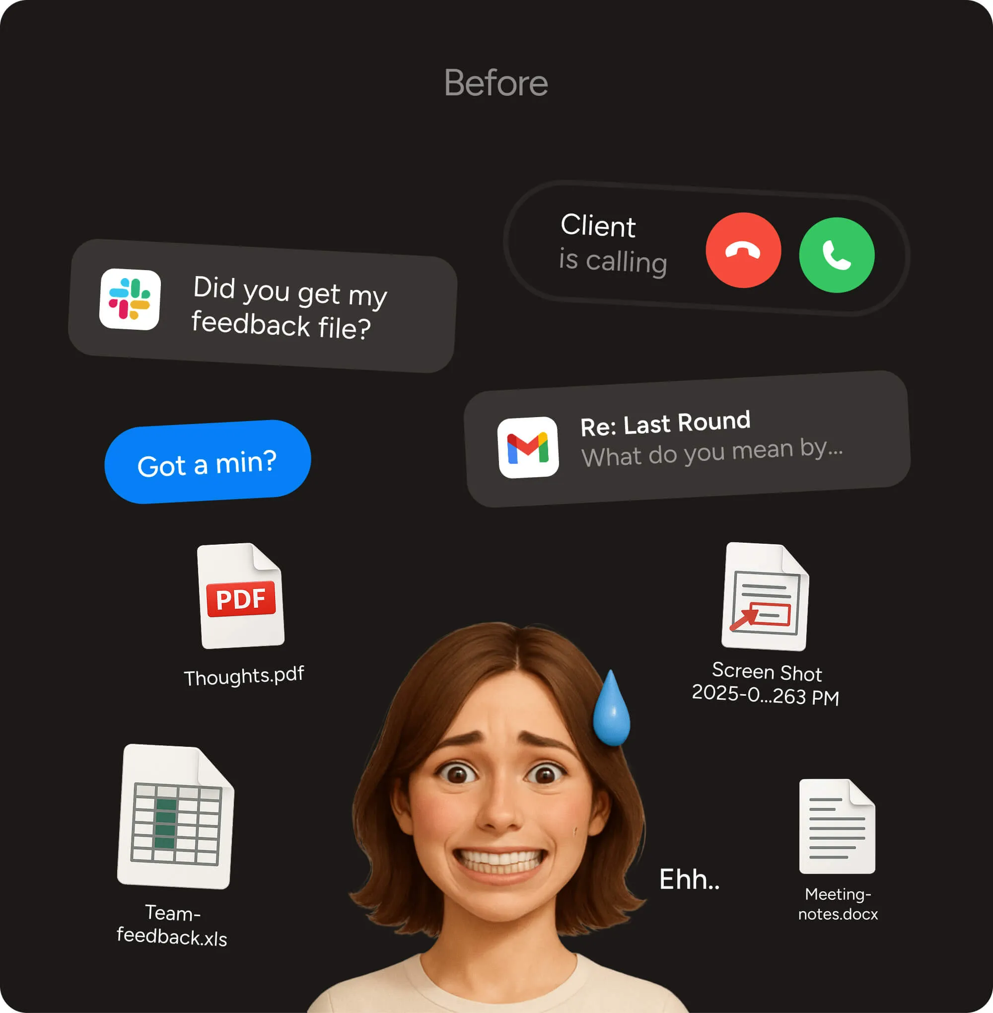 A stressed face memoji of a woman, surrounded by images of notifications from different tools and multiple file icons. 