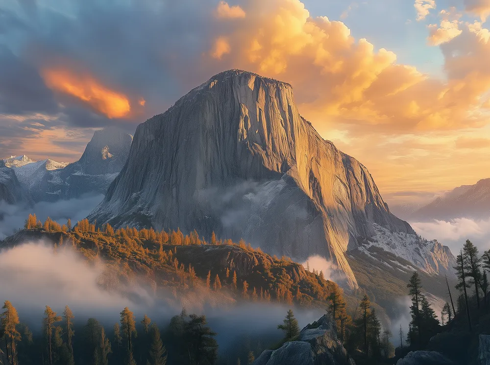An illustration of a mountain at sunset with mist rolling through the trees