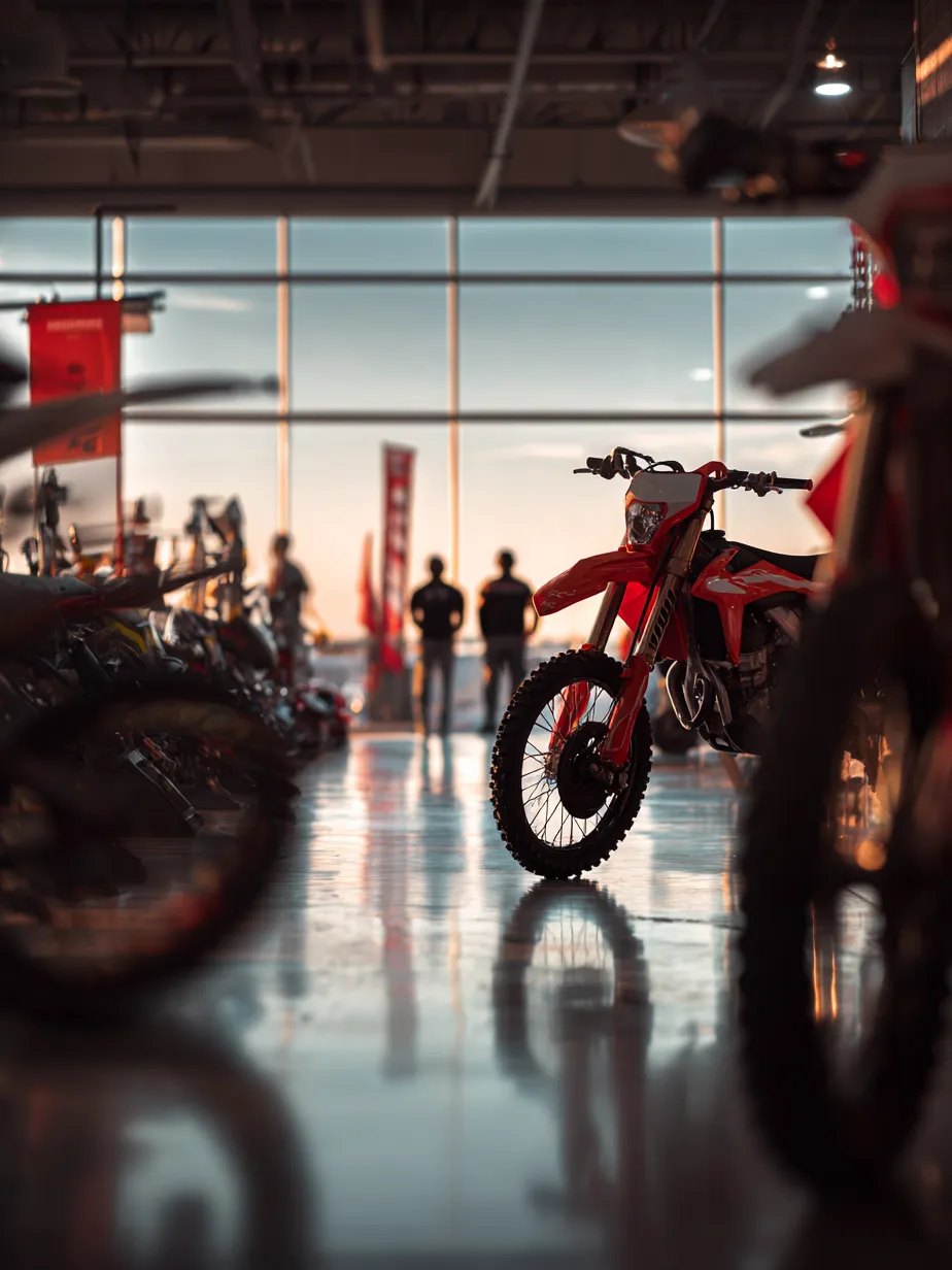 A close-up of motorcycles lined up at a dealership