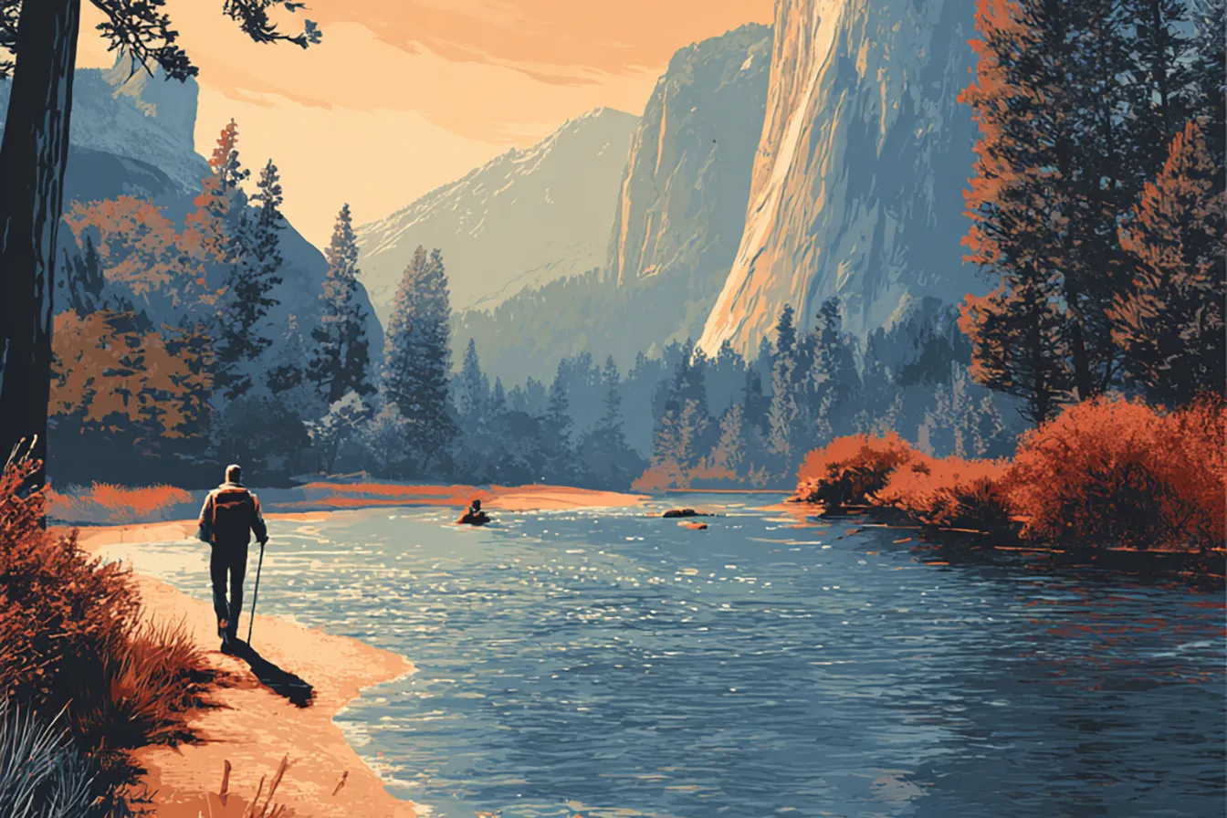 An illustrated yellow mountain scene witih pine trees and three people in the distance