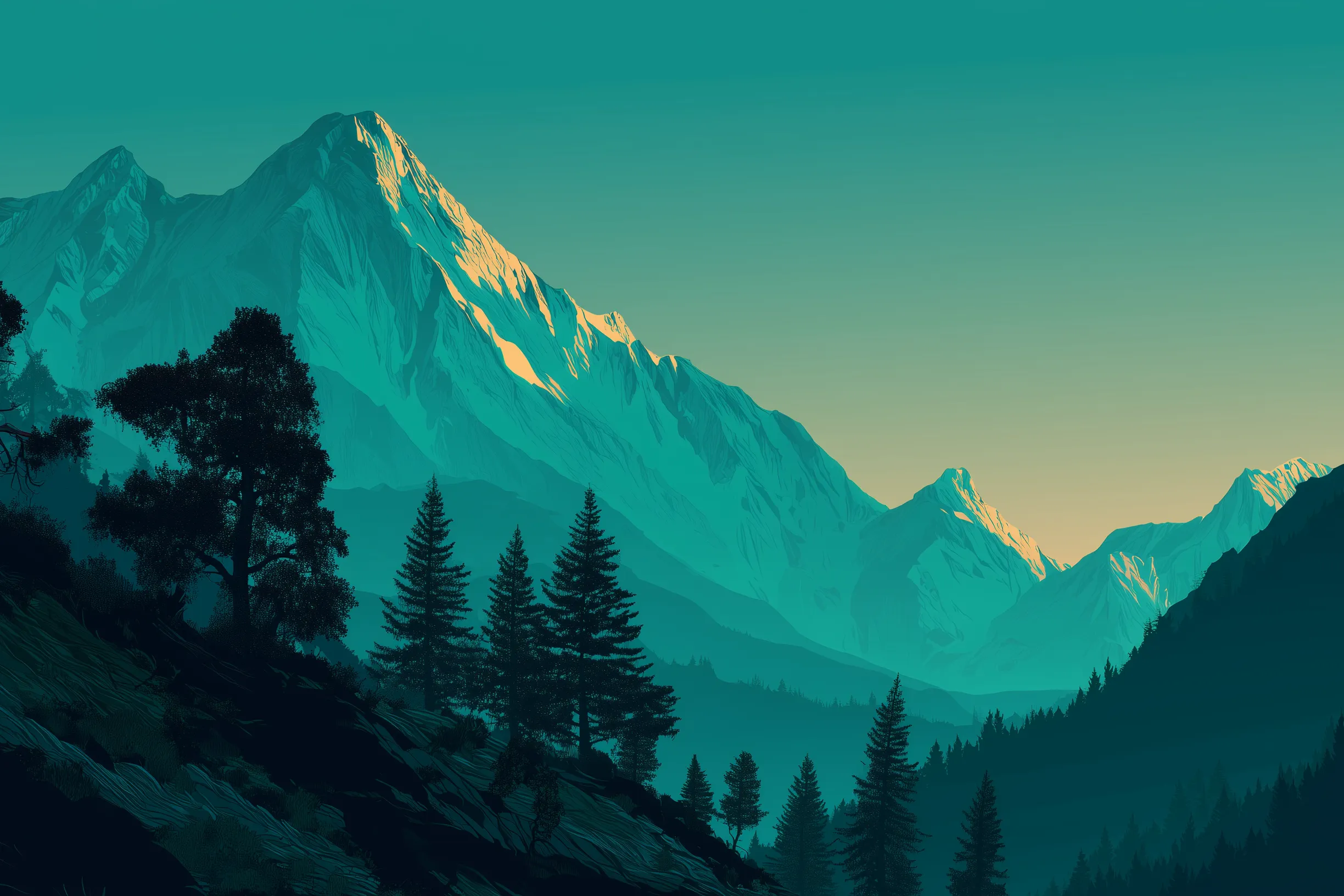 An illustrated yellow mountain scene witih pine trees and three people in the distance 