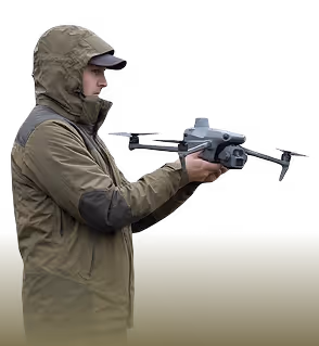 Person in outdoor jacket and cap holding and operating a drone controller.
