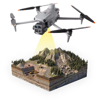 Quadcopter drone flying above a detailed 3D terrain model illuminated by a yellow light from the drone's front sensor.