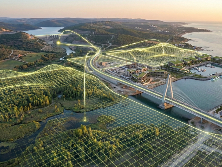 Aerial view of a coastal landscape with hills, a bridge over water, and yellow grid lines and light trails overlay representing digital mapping or connectivity.