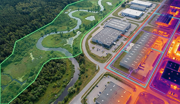 Aerial view showing a winding river next to industrial warehouses with overlaid colored lines and green boundary outlines.
