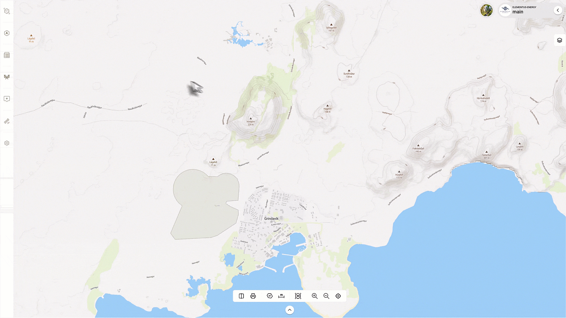 Interactive map showing the Grindavik area with geographical features, elevation marks, roads, and coastline.