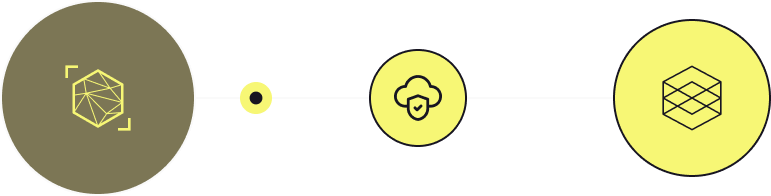 Three connected yellow and olive circles containing geometric and cloud security icons on a black background.