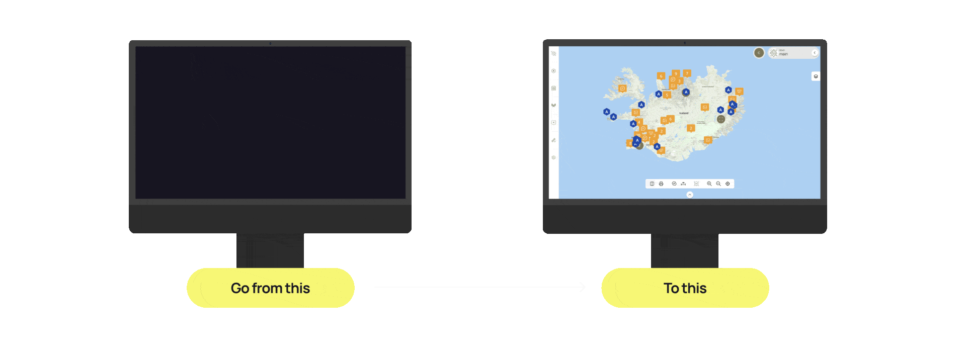 Two computer screens side by side with a yellow arrow between them and text showing transition from a black screen on the left to an interactive map of Iceland with location markers on the right.