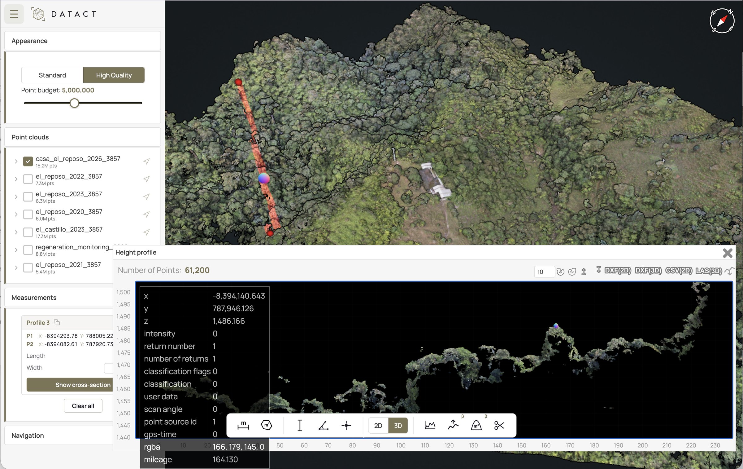 DATACT 3D point cloud of the El Reposo forest with a height-profile cross-section, multiple yearly point clouds listed, and DXF, CSV and LAS export options