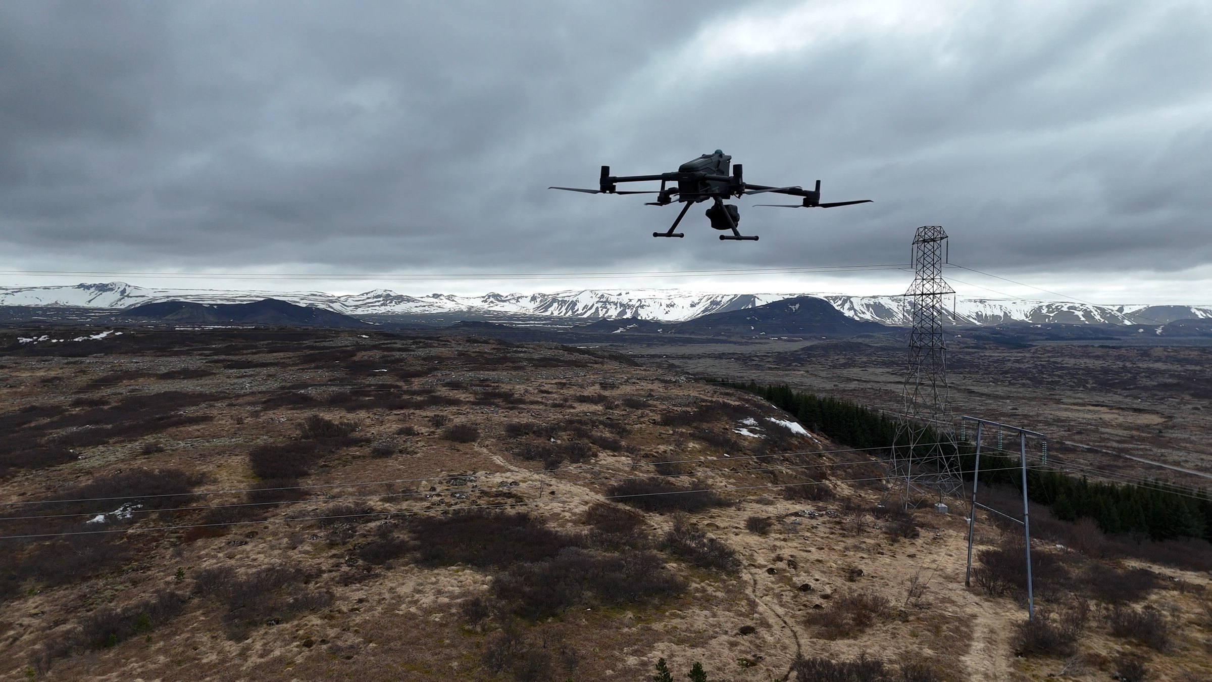 Svarmi survey drone inspecting a high-voltage power line in Iceland | Svarmi