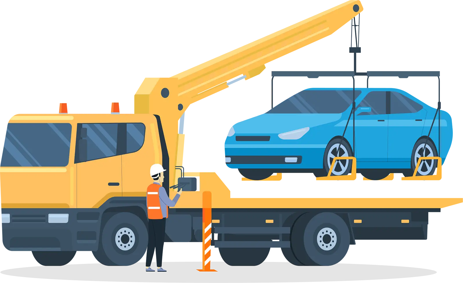 illustration of roadside service. blue car loaded on to yellow truck with crane